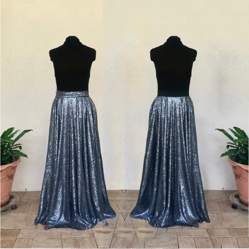 Gunmetal Silver Sequin Maxi Circle Skirt